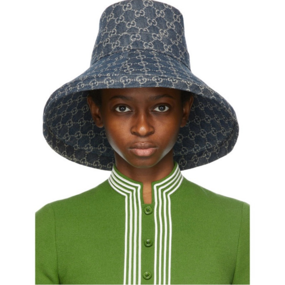 Denim Monogram Wide Large Brim Jacquard Bucket Hat Navy Blue Beach Sun Coverage